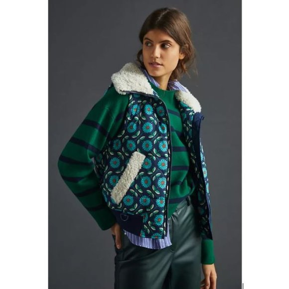 Anthropologie Jackets & Blazers - Maeve Sherpa-Trimmed Puffer Vest Blue Motif from Anthropologie–Size Medium - NWT